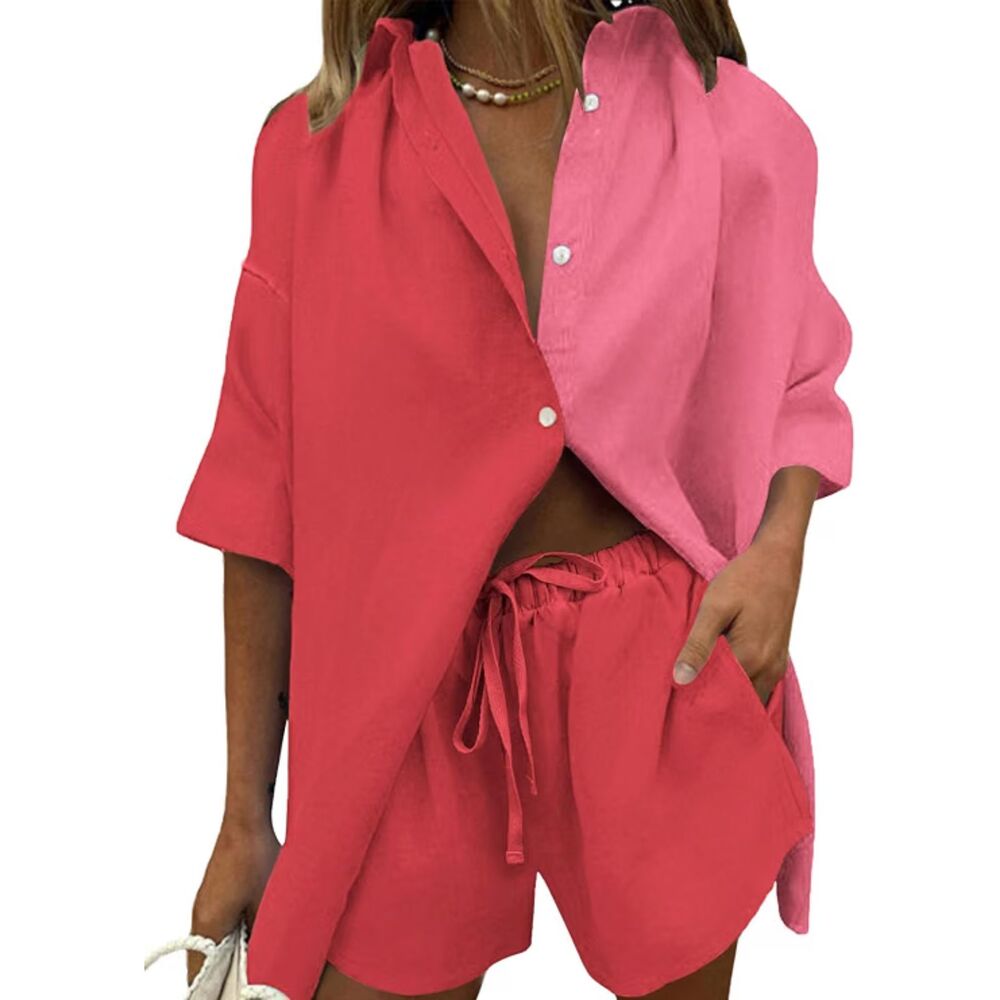 2 Piece Outfits Button Down Blouse and Shorts Set, Large, 8AA-201Set001